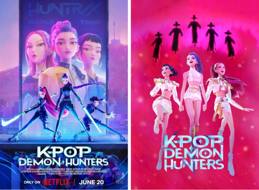 사진은 영화 'K-POP 데몬 헌터스'의 포스터 두 장을 보여줍니다. 왼쪽 포스터는 도시 야경을 배경으로 악마와 싸우는 주인공들을, 오른쪽 포스터는 분홍색 배경에 악마 무리에게 둘러싸인 주인공들을 담고 있습니다. 두 포스터 모두 애니메이션 스타일입니다. 사진은 영화 'K-POP 데몬 헌터스'의 포스터 두 장을 보여줍니다. 왼쪽 포스터는 도시 야경을 배경으로 악마와 싸우는 주인공들을, 오른쪽 포스터는 분홍색 배경에 악마 무리에게 둘러싸인 주인공들을 담고 있습니다. 두 포스터 모두 애니메이션 스타일입니다.