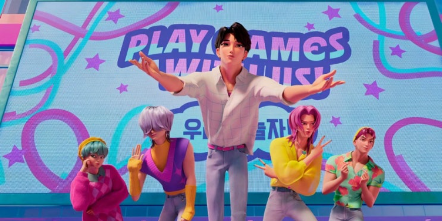 다섯 명의 남성 애니메이션 캐릭터들이 무대 위에 서 있습니다. 가운데에 있는 캐릭터는 양팔을 벌리고 있으며, 다른 네 명의 캐릭터들은 각기 다른 포즈를 취하고 있습니다. 뒤편의 스크린에는 'PLAY GAMES WITH US'라는 글자가 보입니다. 다섯 명의 남성 애니메이션 캐릭터들이 무대 위에 서 있습니다. 가운데에 있는 캐릭터는 양팔을 벌리고 있으며, 다른 네 명의 캐릭터들은 각기 다른 포즈를 취하고 있습니다. 뒤편의 스크린에는 'PLAY GAMES WITH US'라는 글자가 보입니다.