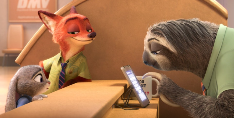 애니메이션 **'주토피아'**의 인기 캐릭터들이 다시 모인 유머러스한 장면입니다.