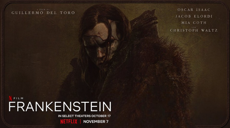 넷플릭스 영화 **'프랑켄슈타인'**의 주연 배우들과 감독의 정보를 담은 티저 이미지입니다.