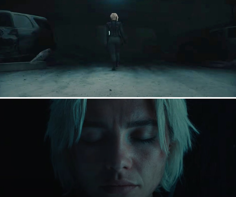 영화 *'썬더볼츠'**의 예고편 혹은 주요 장면으로, 주인공 옐레나 벨로바의 심리적 상태와 팀의 상황을 암시합니다.