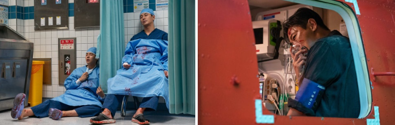 넷플릭스 시리즈 **'중증외상센터'**의 극한에 다다른 의료 현장과 처절한 사투를 담은 두 장의 스틸컷입니다.