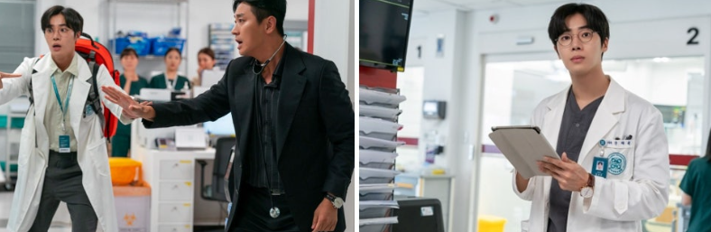 넷플릭스 시리즈 **'중증외상센터'**의 긴박한 의료 현장을 담은 두 장의 스틸컷입니다.