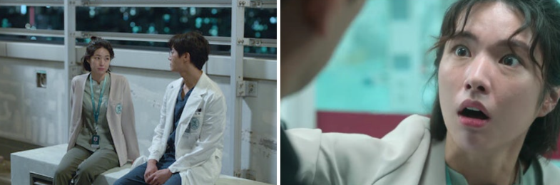 넷플릭스 시리즈 '중증외상센터' 속 인물들의 일상과 감정적인 순간을 담은 두 장의 스틸컷입니다.